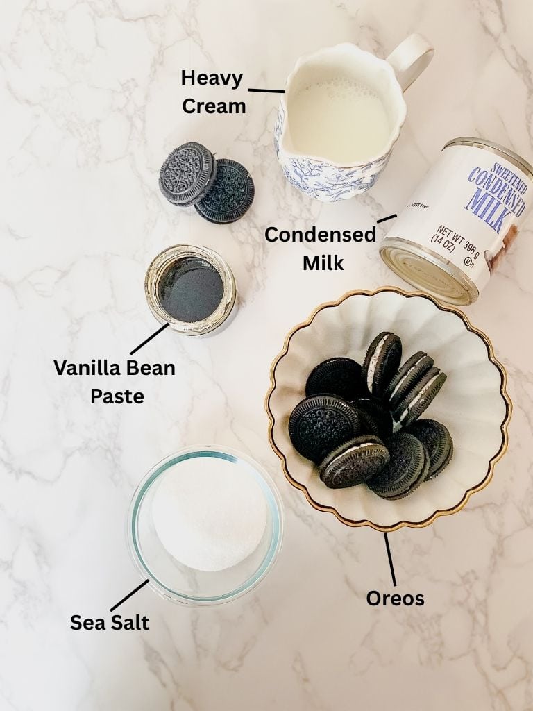 Ingredients for Oreo ice cream placed on a table