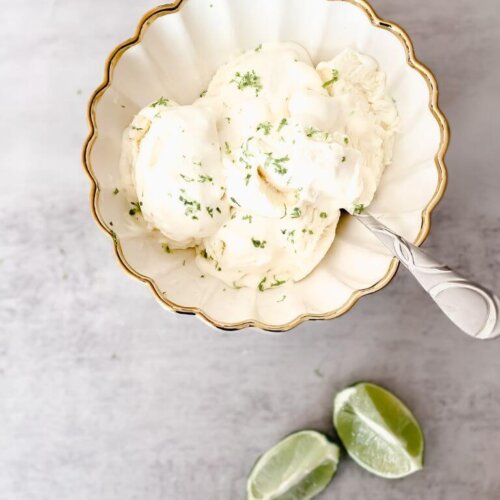 bowl of lime ice cream next to lime slices